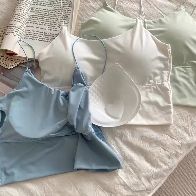 Femei elegante Crop Topuri Ice Silk vară sutien sport cu bretele spaghete vestă top femei încorporat sutien off umăr fără mâneci camisol
