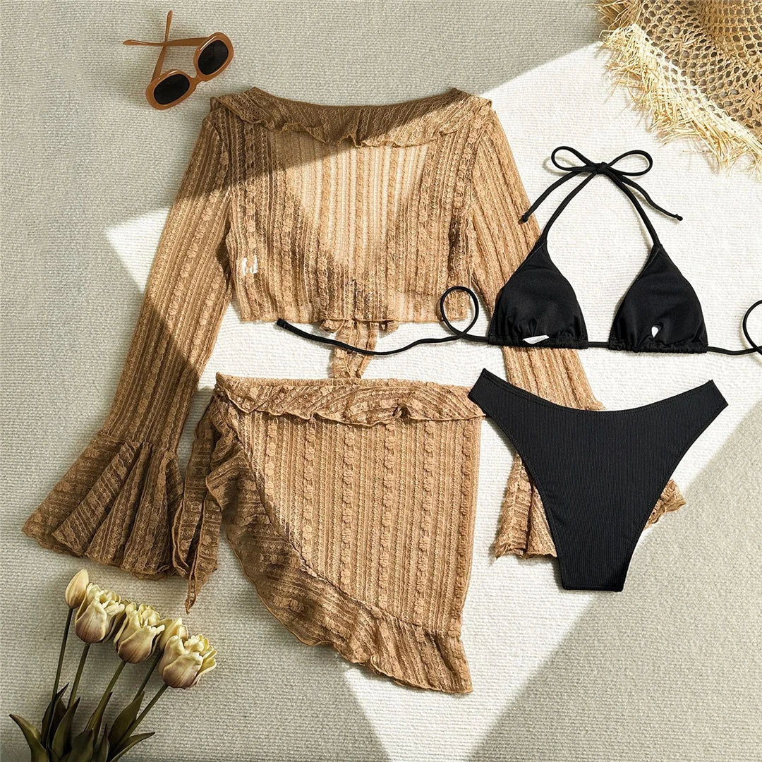 4PCS Halter Bikini Set Sarong Langarm - Vierteilig S M L