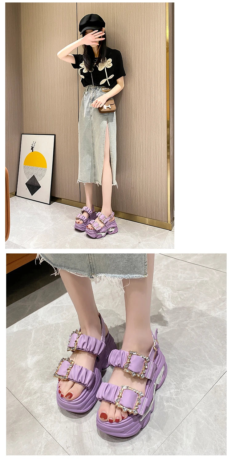 Women's Bling Strap Chunky Sandals Summer 2023 Thick Bottom Wedges Beach Slippers Woman Fashion Pink High Platform Sandals Mujer