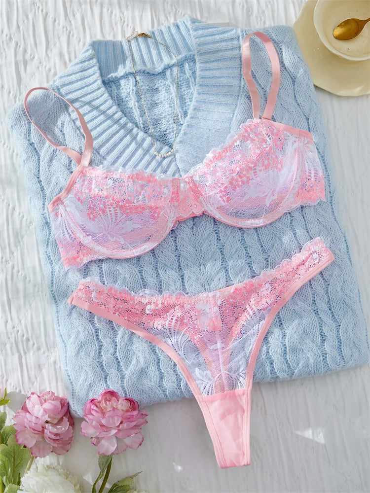 Fairy Lingerie Sweet Pink Bra and Panty Set Floral Lace Underwear elegant Lingerie 2 Pieces Push-Up Bra Ultra Thin Female Underwear