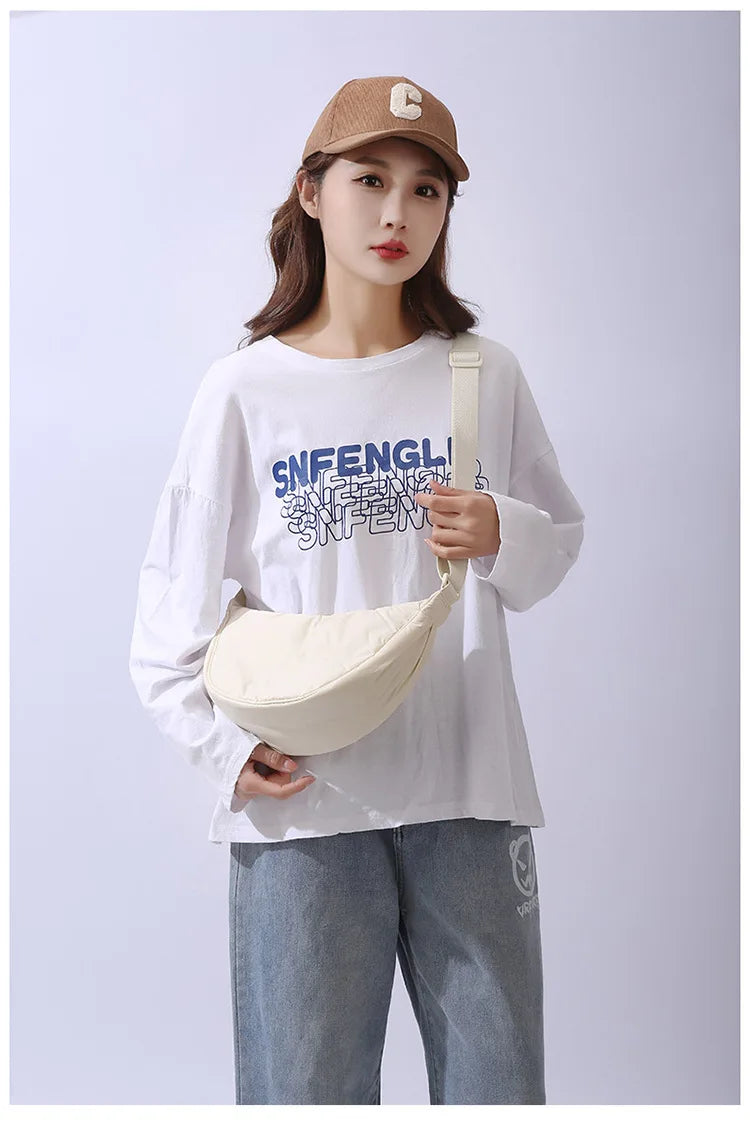 Solid Color Women's Portable Shoulder Bag Simple Female Nylon Cloth Padded Crossbody Bags Travel Purse Handbags Messenger Bag