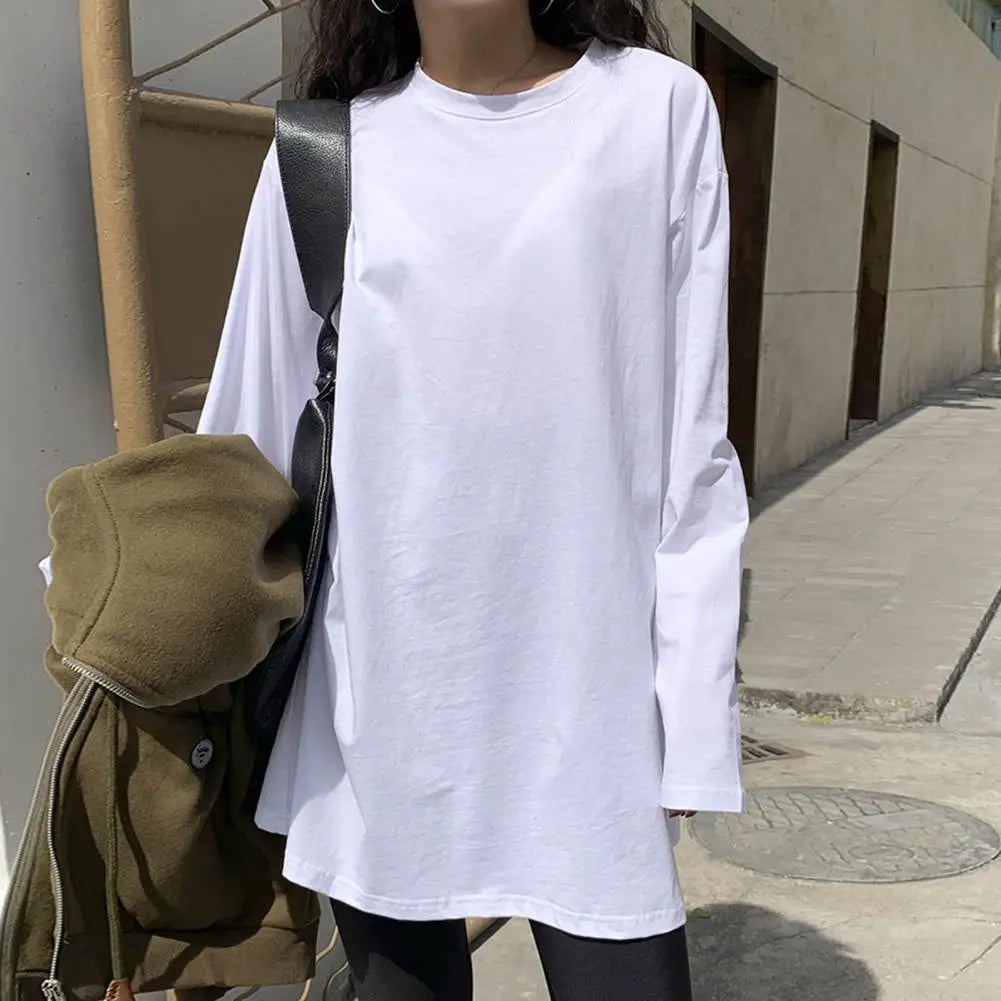 White Women T-shirt Round Neck Loose Long Sleeve Two Side Split Tee Shirt Pullover Spring Autumn Casual Loose t shirt Oversize