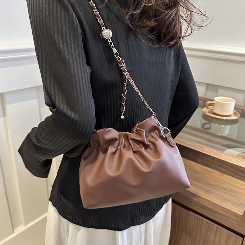 Women's Chain Bag Fashion Versatile Classic Solid Color Crossbody Bag Drawstring Shoulder Bag Silver Bucket Bag
