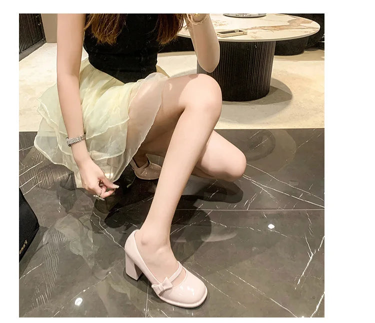 Elegant Heel Shoes Ladies 8cm High Heel Bowknot Solid Mary Jane Zapatos Adult Dress Pink White Black Cosplay Footwear