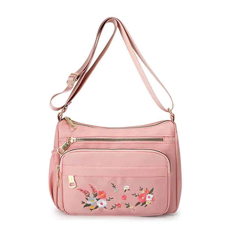 Casual Crossbody Backpack Ladies Oxford Cloth Shoulder Bag Fashion Embroidery Flower Zipper Travel Handbag