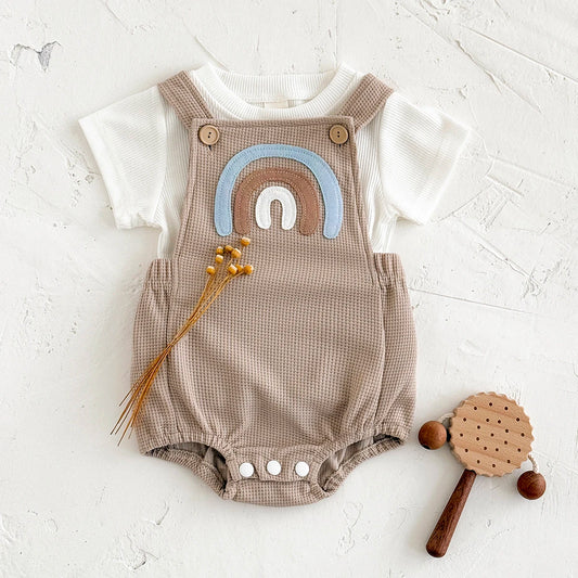 Baby Girls Clothes Bubble Romper Rainbow Patch Pullover Button Triangle Jumpsuit Boy Summer Stylish Bodysuit+T-shirt 2Pcs/Set