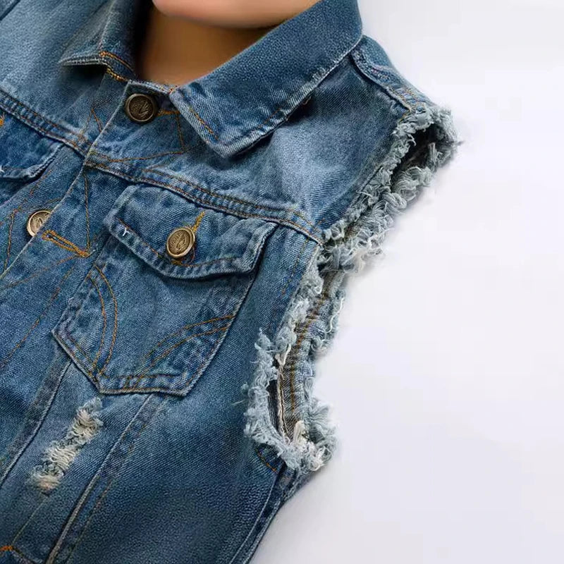 Men's Denim Vest Sleeveless Jackets Cotton Retro Streetwear Ripped Blue Jean Vests Fashion Hip Hop Waistcoat Men Clothing