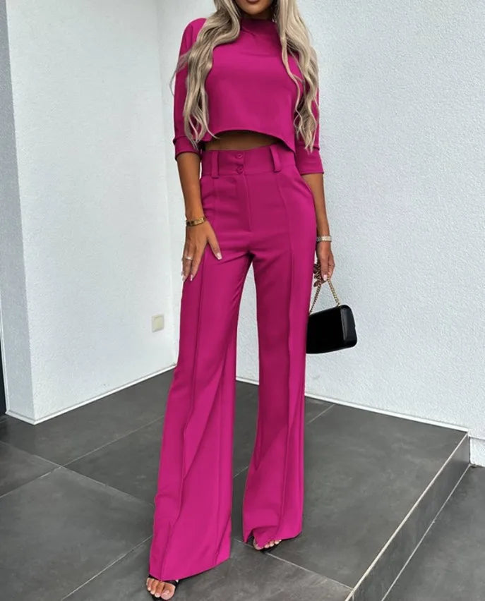 Elegant 2 Piece Sets Women Outfit Trend 2024 Autumn Casual Long Sleeve T-shirt Crop Tops And Pant Sets Office Lady Suits