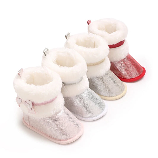 Baby-Schneestiefel für Mädchen, 2025, Winter, neue Baby-Baumwollschuhe, Mädchenmode, glänzende kurze Stiefel mit dicken Samt-Baumwollstiefeln