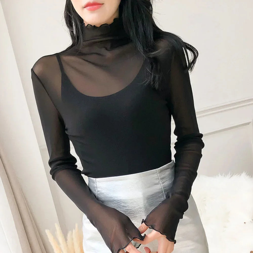 Sexy Women T Shirt See Through Transparent Tops Long Sleeve Ladies T-Shirt Pink Green Basic Top for Female Bottoming Blouses