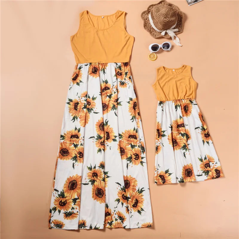 Mother Daughter Matching Dresses Family Sets Floral Fashion Woman Girls Long Dress Outfits Sleeveless Family Look Dress