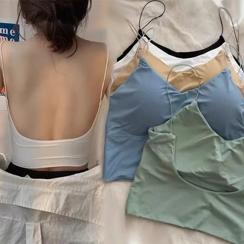 Femei elegante Crop Topuri Ice Silk vară sutien sport cu bretele spaghete vestă top femei încorporat sutien off umăr fără mâneci camisol