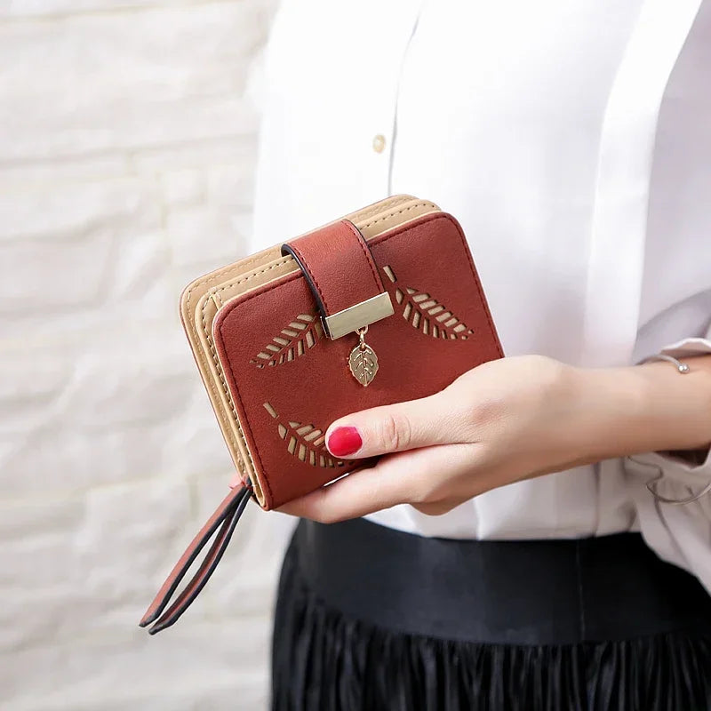 Luxus Frauen Geldbörse Leder Portemonnaie Kurz Reißverschluss Clutch Tasche Klein Ausgehöhlt Blätter Design Mode Marke Geldbörsen