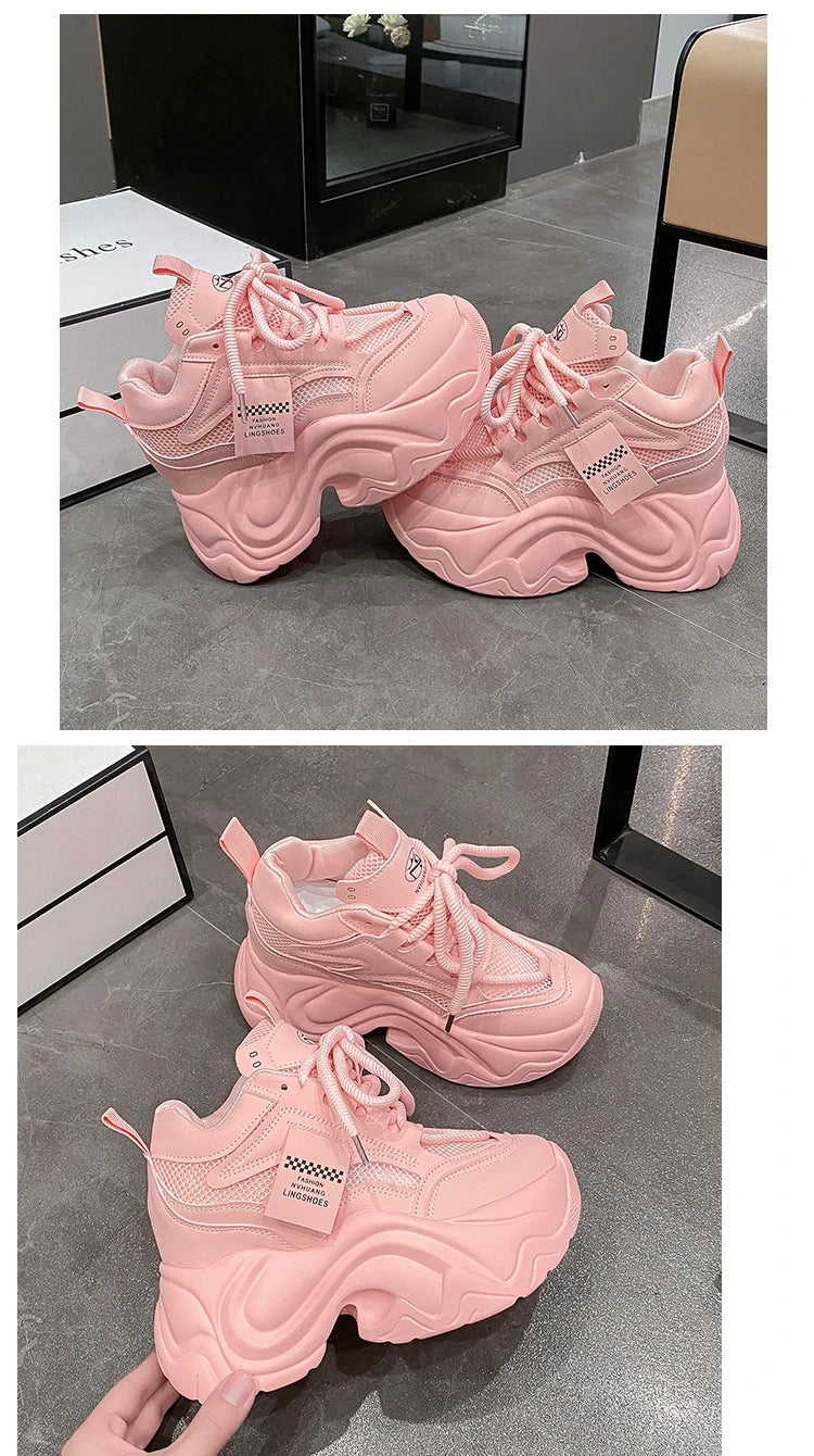 Women High Platform Sneakers New Summer 9.5CM Wedge Heels Thick Sole Leather Shoes Autumn Breathable Mesh Chunky Sneakers Woman