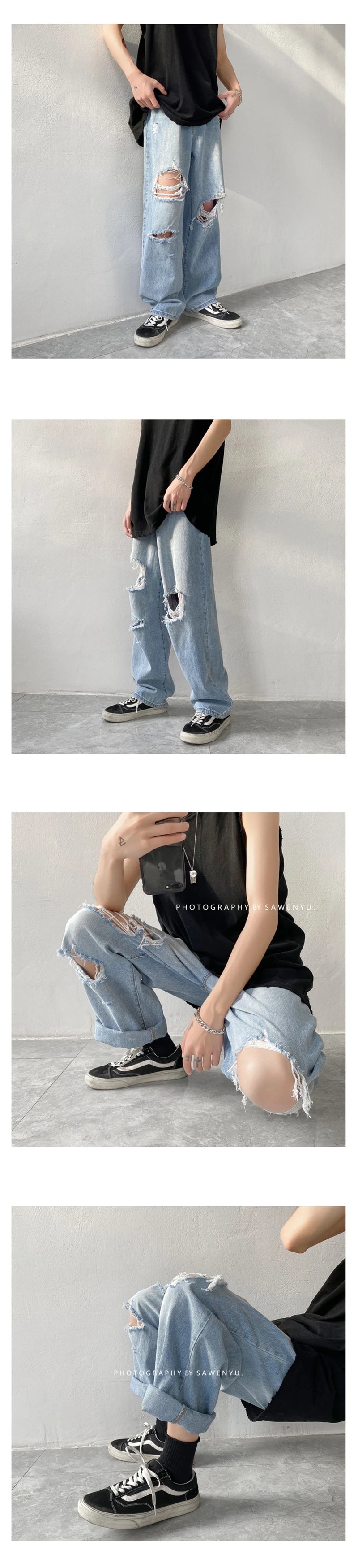Herren Ripped Jeans 2025 - Summer Blue Loose Fit Hole Wide-leg Streetwear Denim