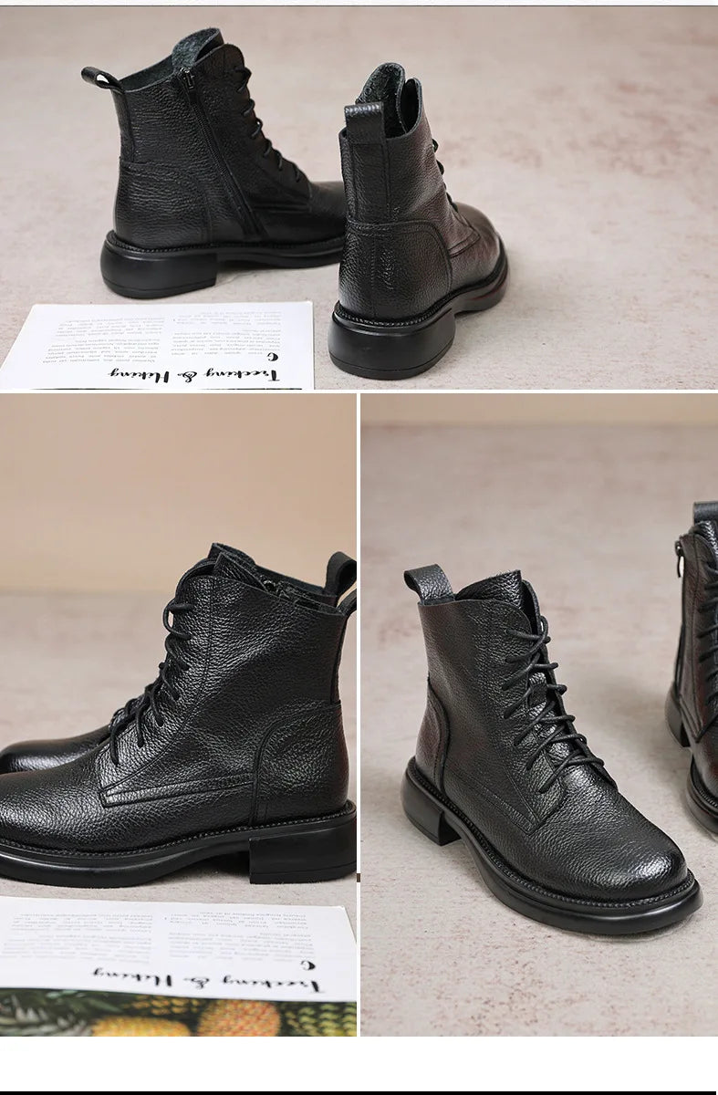 Frühling Dame Knöchel Stiefel 2025 - Echtes Kuh Leder Platform Schuhe - Frauen Winter Jugend Mädchen Weiche Sohle Dicke Absatz Ritter Schnee Stiefel