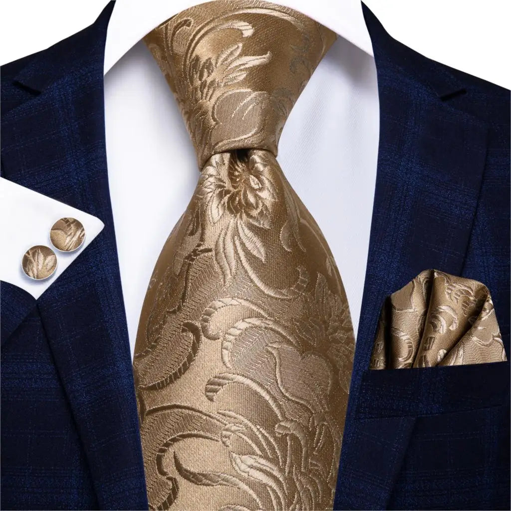 Hi-Tie Seiden-Herren-Krawatten-Set Blumenmuster Gelb Gold Krawatten und Taschentücher Manschettenknöpfe-Set Herren-Hochzeits-Party-Anzug-Mode-Halskrawatte C-3053