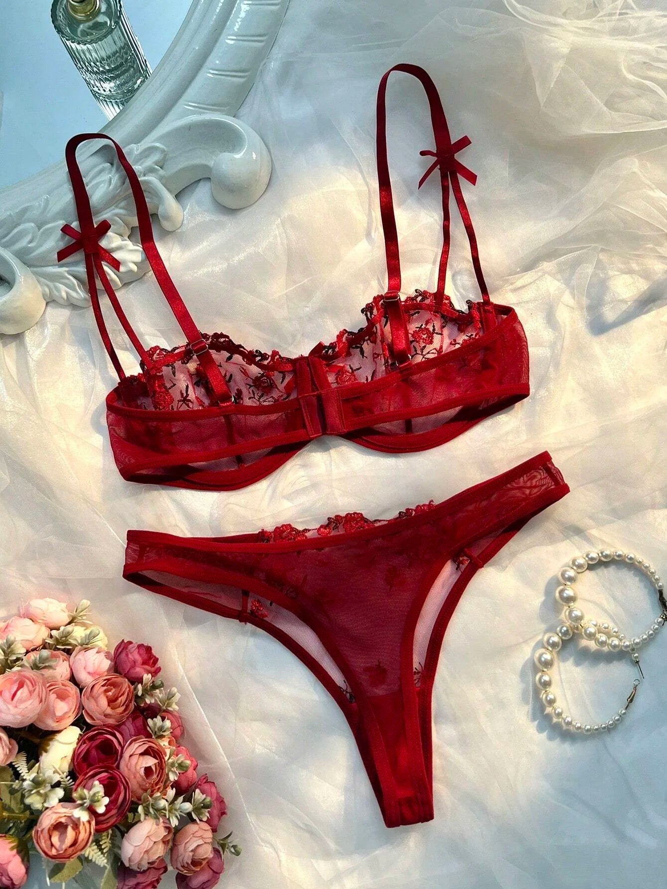 Fashion Embroidery Underwear Transparent Lingerie elegant Floral Lace Short Skin Care Kits Delicate Fairy Set Woman 2 Pieces