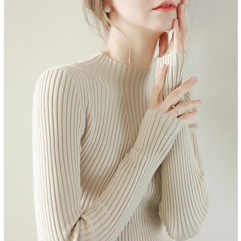 Pulover Livia cu guler înalt slim, cu nervuri - S-XL, mânecă lungă