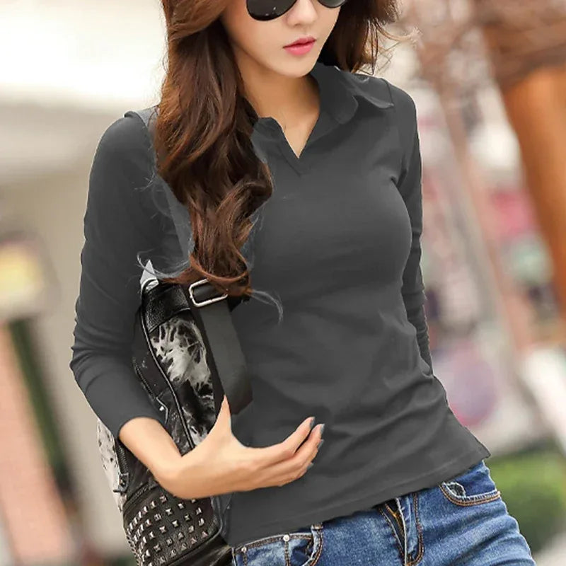 Solid T Shirt Female 2024 Turn-down Collar Womens Long Sleeve Tops Spring Full Slim Cotton TShirt Woman Clothes T-Shirt Femme - Golden Bridge Store