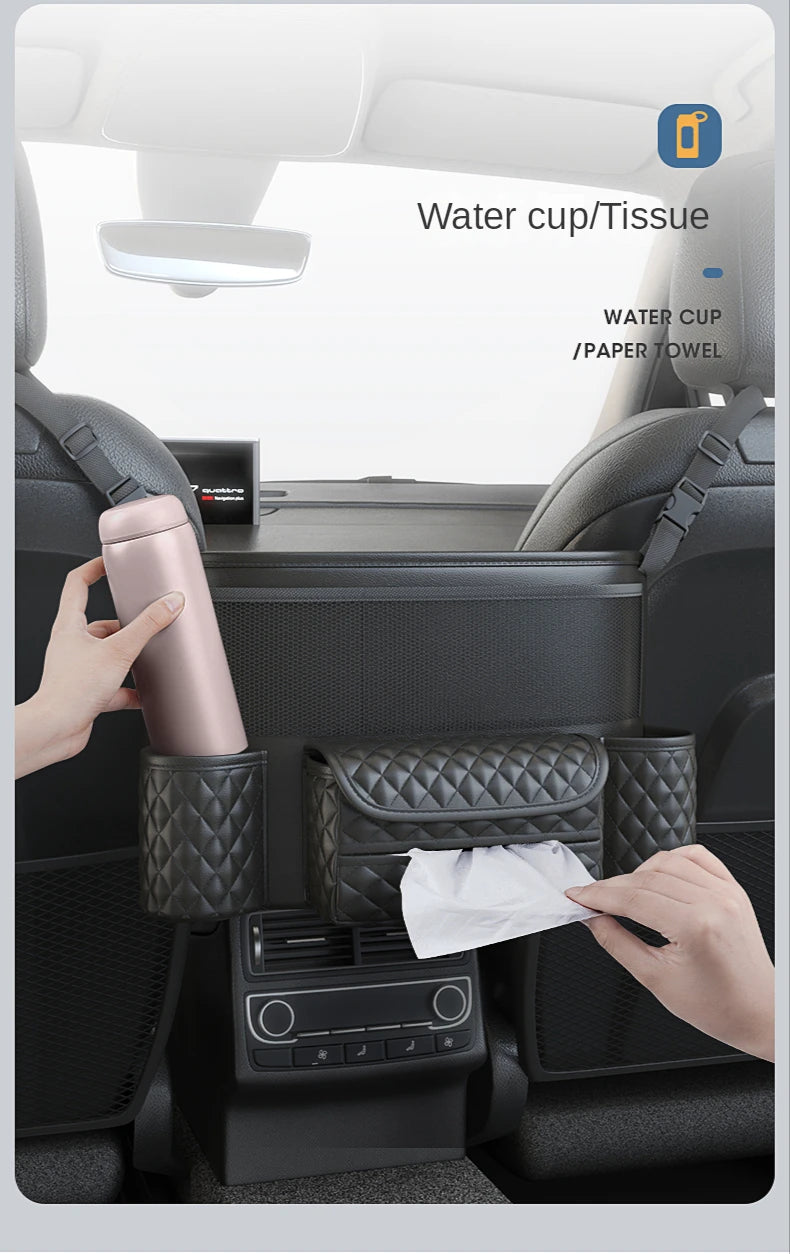 Geantă de depozitare din piele pentru scaunul auto, suport pentru geantă de mână auto de lux între scaune, buzunare pentru pahar de apă, depozitare și ordonare