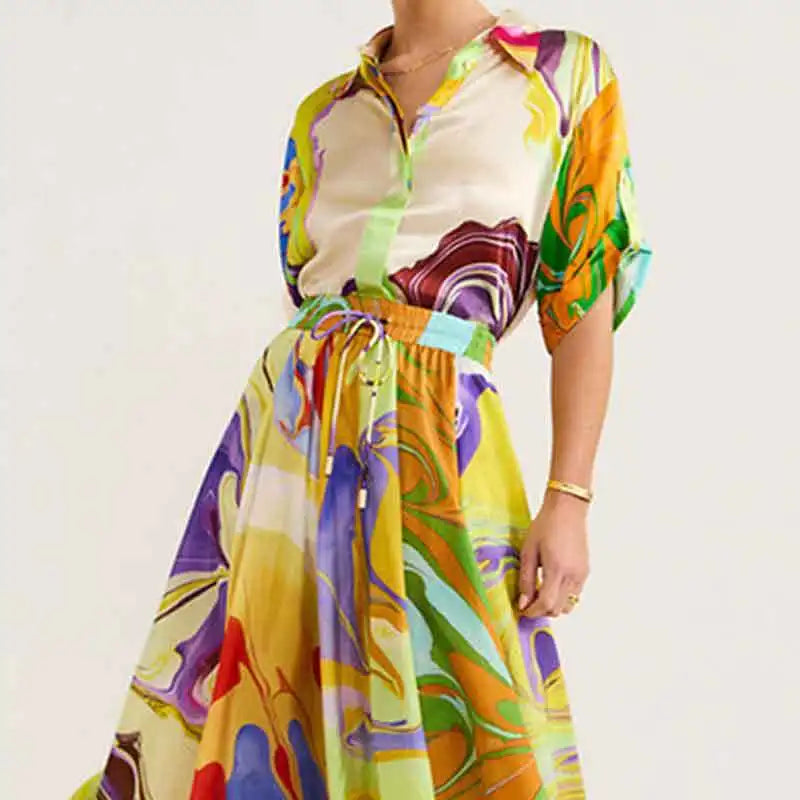 Elegant 2-piece Sets for Women Summer Fashion Printing Half Sleeved Shirt Top Suits Casual Loose Lace Up High Waisted Skirt Set