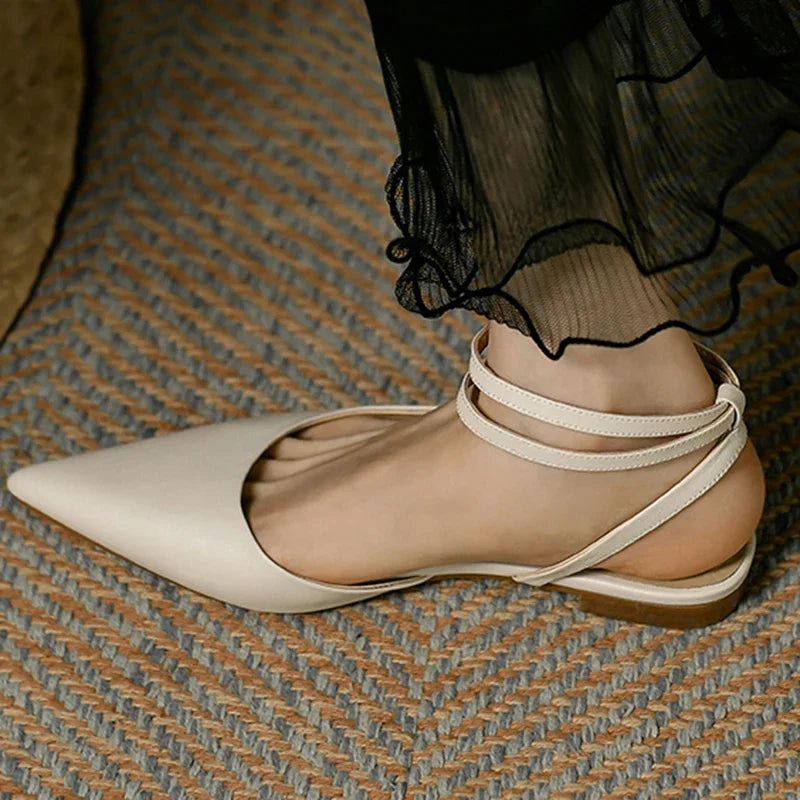 New 2025 Summer Trend Women Sandals Genuine Leather Slingbacks Closed Pointed Toe Apricot Beige Flat Shoes Ankle Strap Ladies