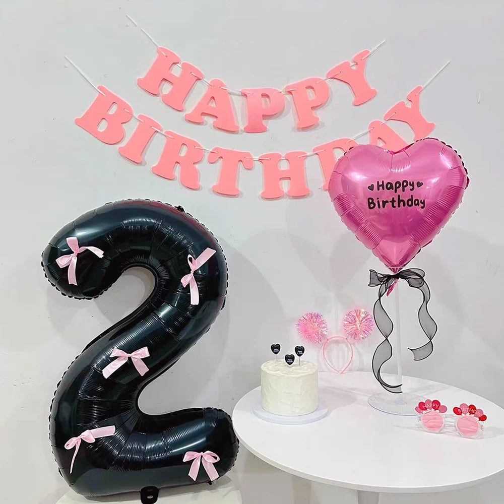 Black Number Balloons Aluminum Film Balloons With Pink Bow for Kids Boy Girl Birthday Party Decorations 0-9 Numbers