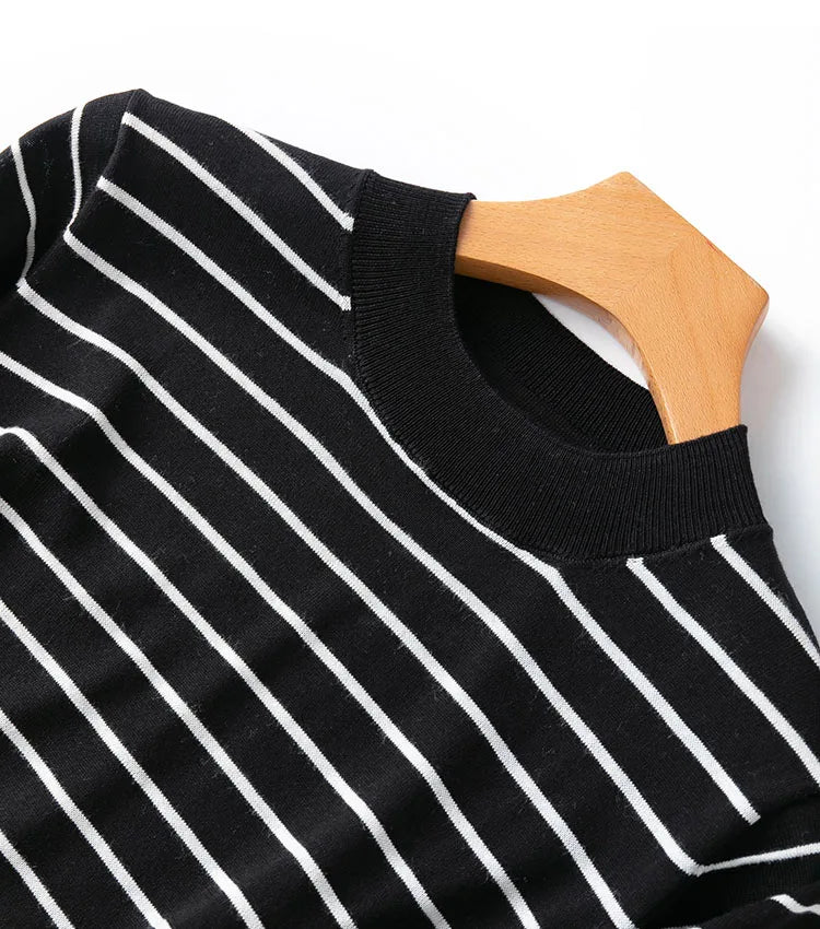 Women Knit T-Shirt 70% Mulberrry Silk 30% Cotton Round Neck Stripes Short Sleeve Sweater Pullover Top Shirt L XL XXL LY040