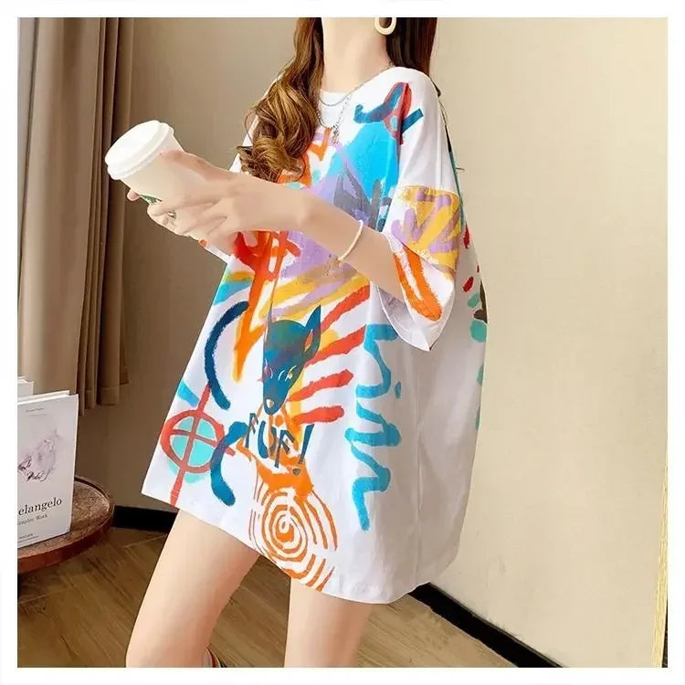 Sommer-T-Shirt 2025: Short-sleeved T-shirt Women's Pure Cotton Summer - New Loose Slim Round Neck Versatile Outside Printed Design Top Trendy Collection
