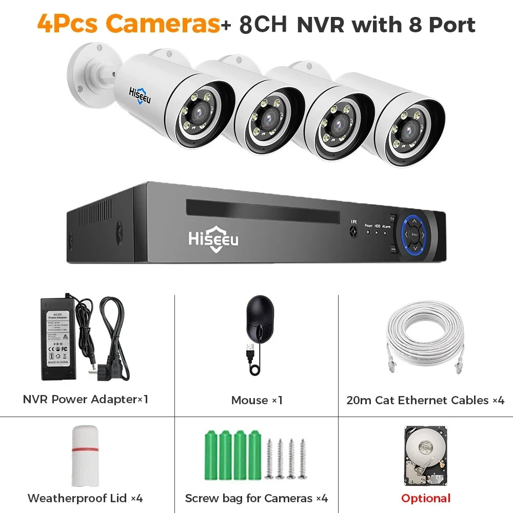 Hiseeu 4K 8MP POE Security IP Camera System Waterproof Full Color AI Face Detection 4CH NVR H.265 Surveillance CCTV Cameras Kit