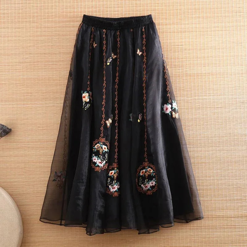 Embroidery Floral Women Pleated Skirts 2023 New Chinese Style High Waist Loose A-LINE Spring/Summer Retro Skirt