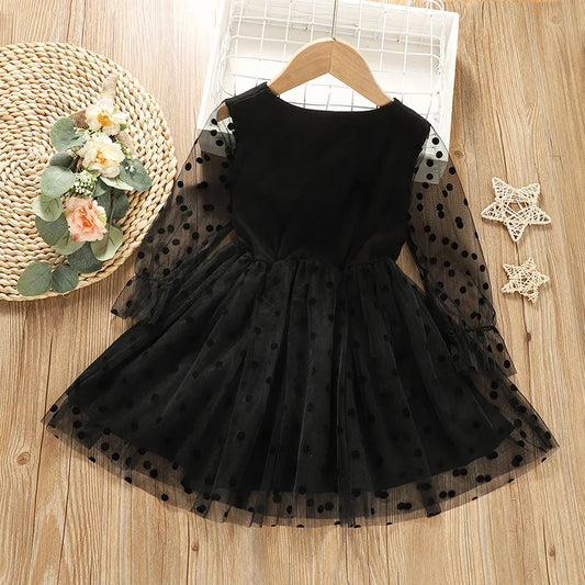 Spring and autumn style dress with round dots and lace, long sleeved solid black princess small and medium-sized girl dress