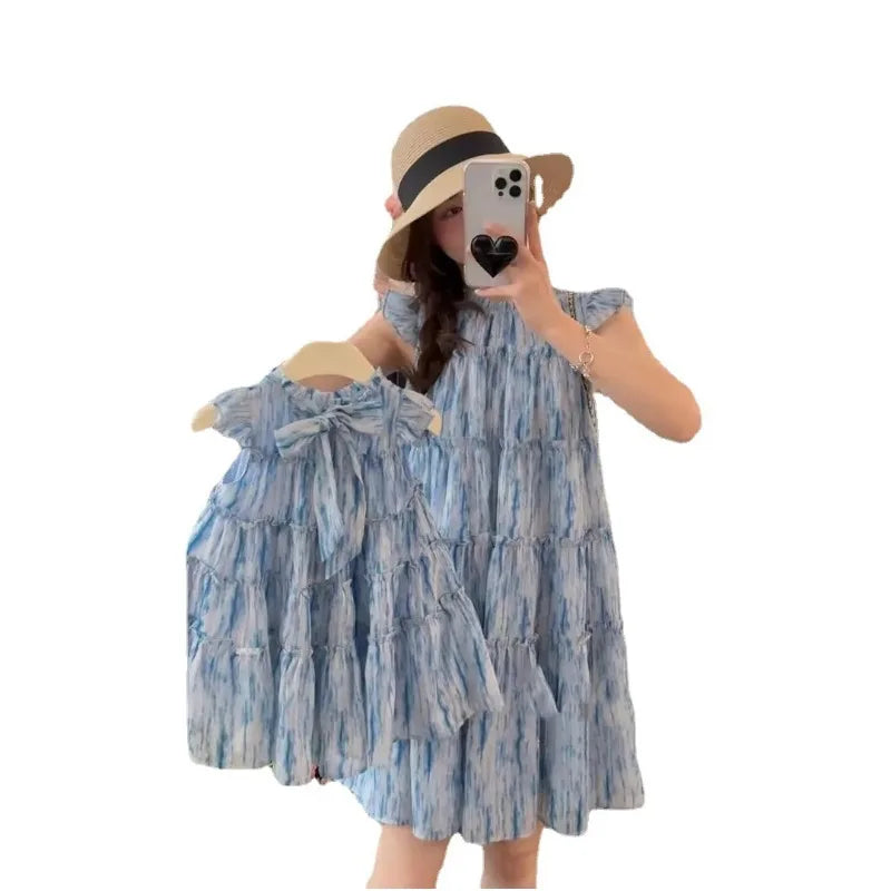 Rochie drăguță de vară pentru familie, asortată, cu mâneci evazate, guler rotund/fără umeri, lungime genunchi, pentru fiică-mamă, H6159