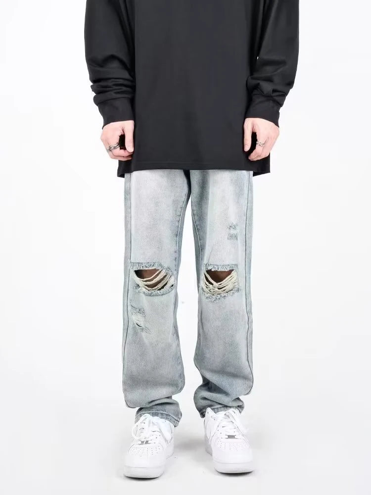 Herren Ripped Jeans 2025 - Summer Blue Loose Fit Hole Wide-leg Streetwear Denim