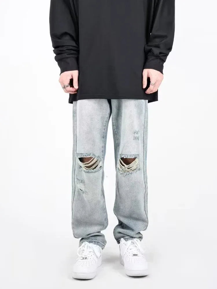 Herren Ripped Jeans 2025 - Summer Blue Loose Fit Hole Wide-leg Streetwear Denim - Golden Bridge Store