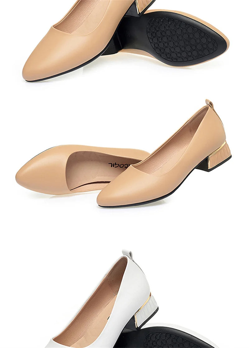 Simple Soft Leather Thick Heel Single Shoes For Women In Summer New Pointed Toe Low Heel White Work Shoes Elegant Comfortable