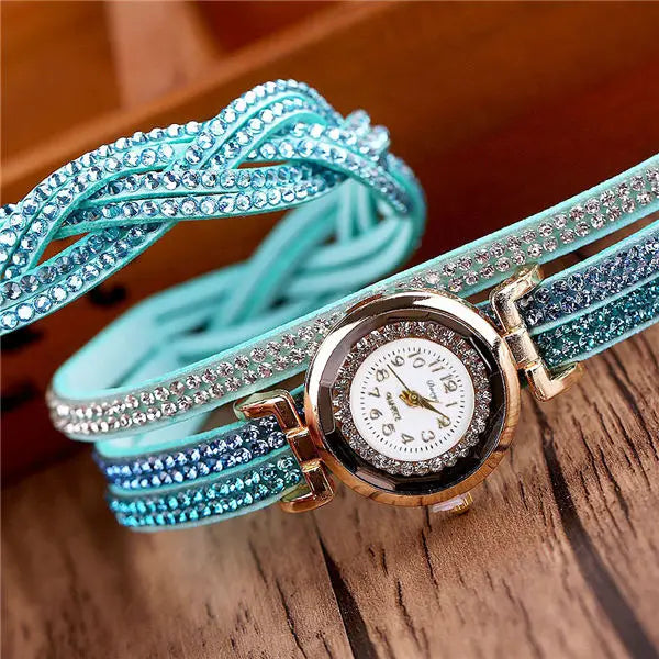 Damen-Uhr 2025: MOONBIFFY Fashion Casual Gold Quartz Women Rhinestone Watch - Braided Leather Bracelet Watch Gift Ladies Wristwatch Relogio Feminino Gift Collection