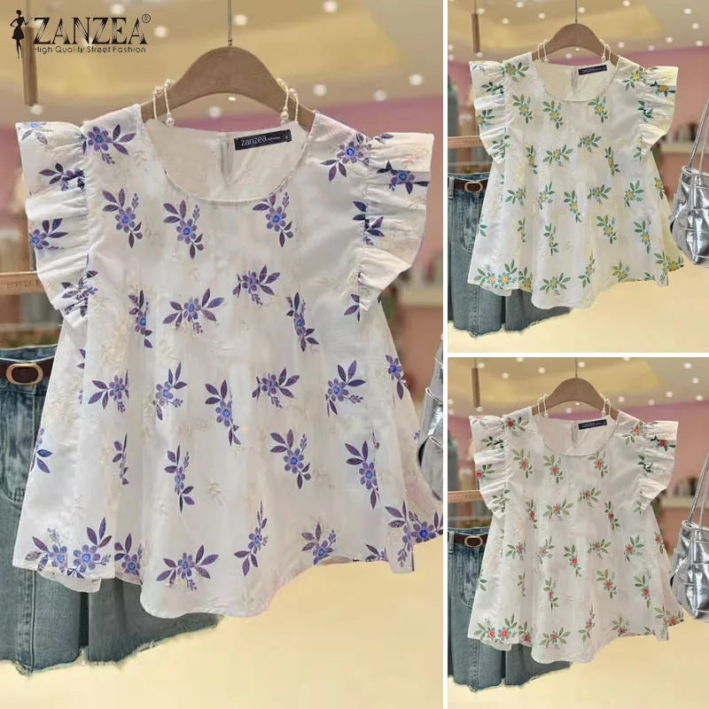 ZANZEA Fashion Spliced Ruffles Floral Blouses Women 2024 Summer Casual O Neck Embroidery Blusas Streetwear Sleeveless Tunic Tops