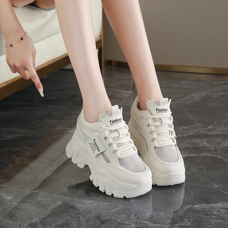 Whiet Breathable Chunky Sneakers Woman 2025 Spring Thick Platform Casual Sneakers Women Non Slip Lace Up Sports Shoes Female