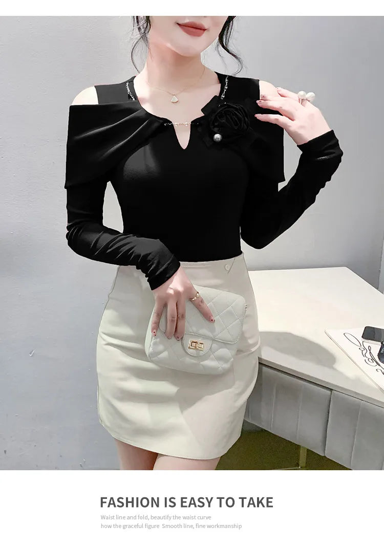 Women T-shirt Fashion T Shirt Cotton Slim Tee For Ladies Autumn Clothing New Long Sleeve Beading V-Neck Tops