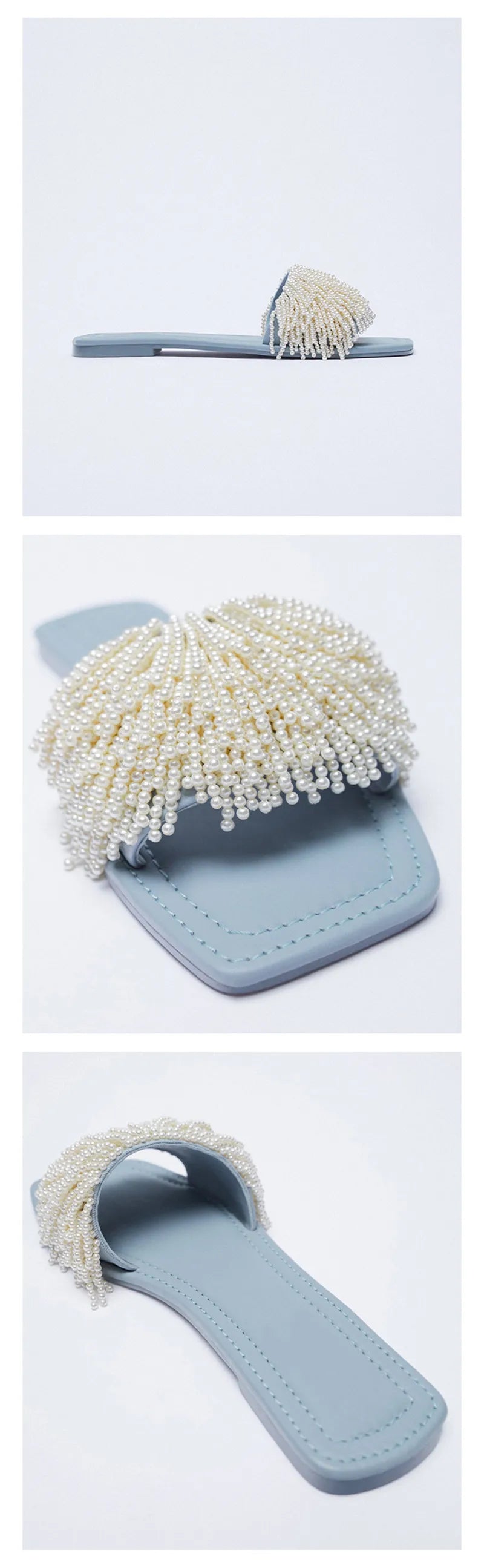 Pearl Beads Women Slippers Blue Flat Shoes Female Summer Outside Slides Ladies Casual Beach Slipper Handmade Gladiator Sandals