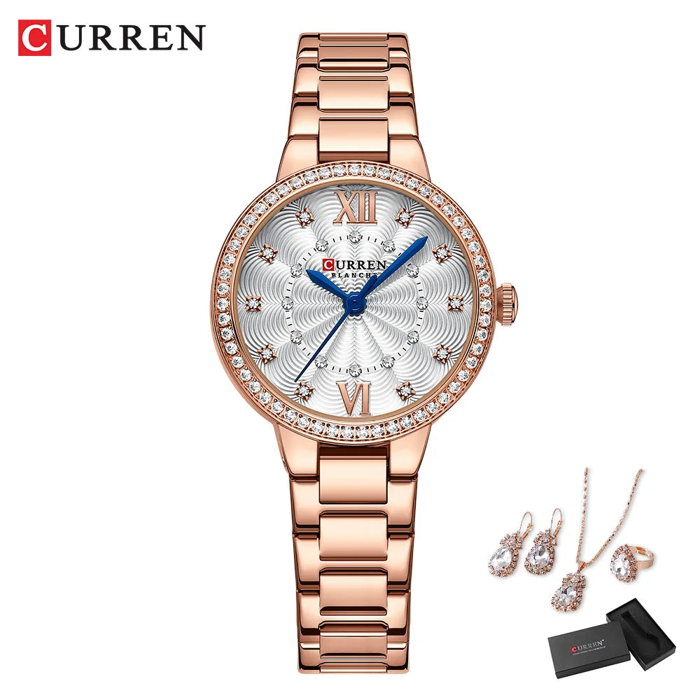 CURREN Luxus Uhr Damen Ring Halskette Ohrringe - Strass Mode Armbanduhr Weiblich Casual Damen Uhren Armband 5-teiliges Set