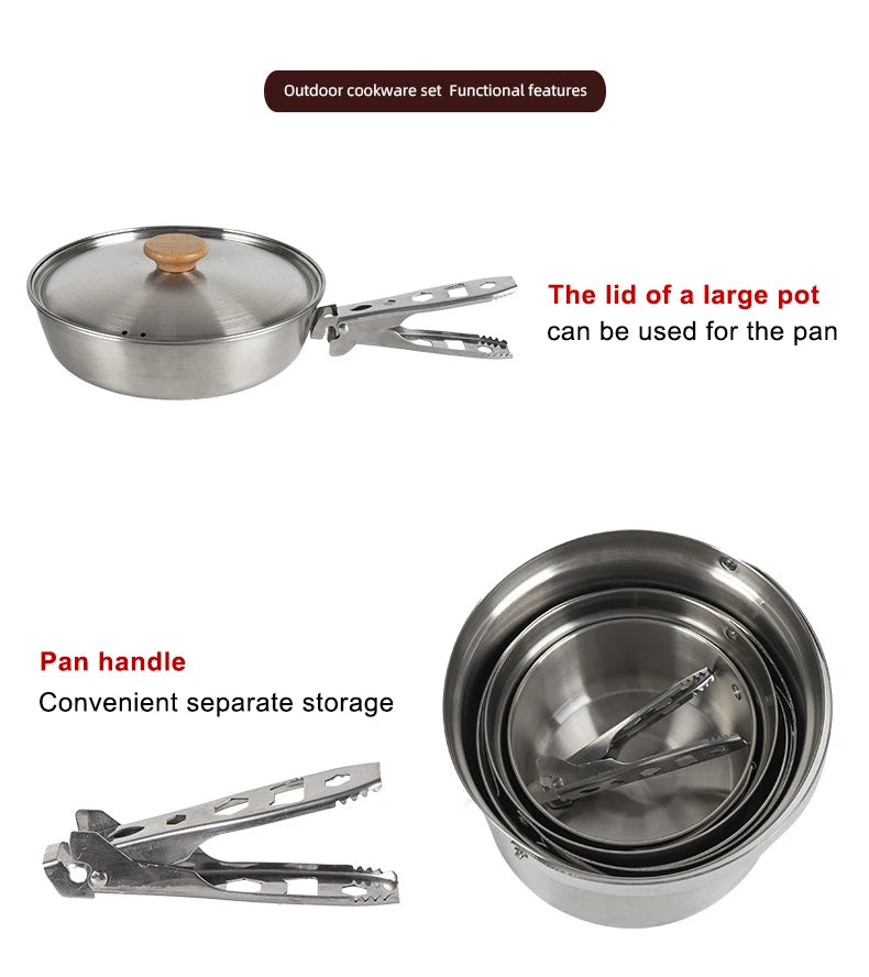 NOBANA Newest Outdoor Stainless Steel Pot Set Camping Family Pot Set 5L Portable Picnic Soup Pot Frying Steaming Household Pot