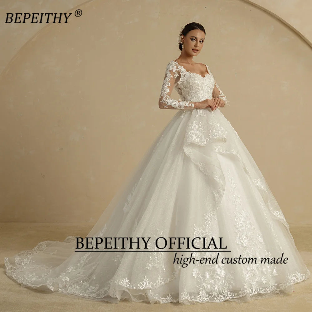 BEPEITHYCustomized Glitter Ball Gown Hochzeitskleid Full Sleeves For Women Bride 2022 Sweetheart Ruffle Skirt Shinny Bridal Dress