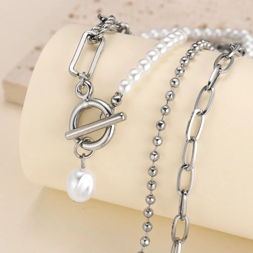 Personality Fashion Pearl Pendant Long Chain Necklace Pop Couple Punk Ring Design Temperament Holiday Party Gift Accessories