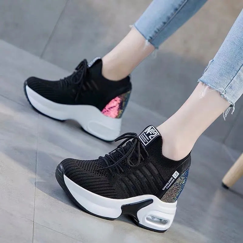 Women's Shoes 2023 New Autumn Wedge Platform Lace Up Casual Sneakers Fashion High Heels Breathable Comfortable Sport Shoes