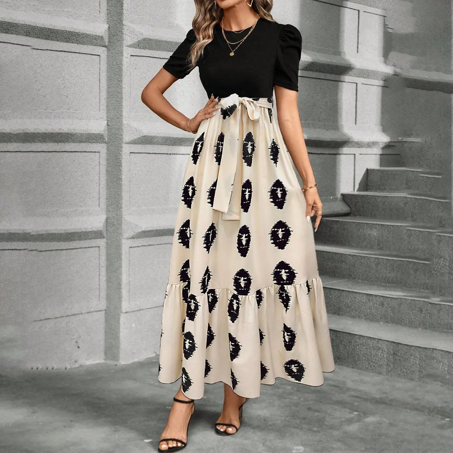 Spring Elegant Dress For Women Bow Tie Waist Cinched Dress A-Lin Flowing Skirt Office Women'S Clothing High Waisted Fashion Dres