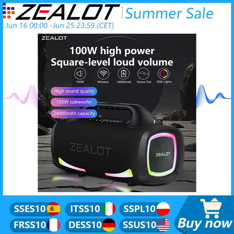 Boxă Bluetooth 2025: Subwoofer portabil wireless Zealot S79 de 100 W pentru exterior, colecție de sunete HiFi