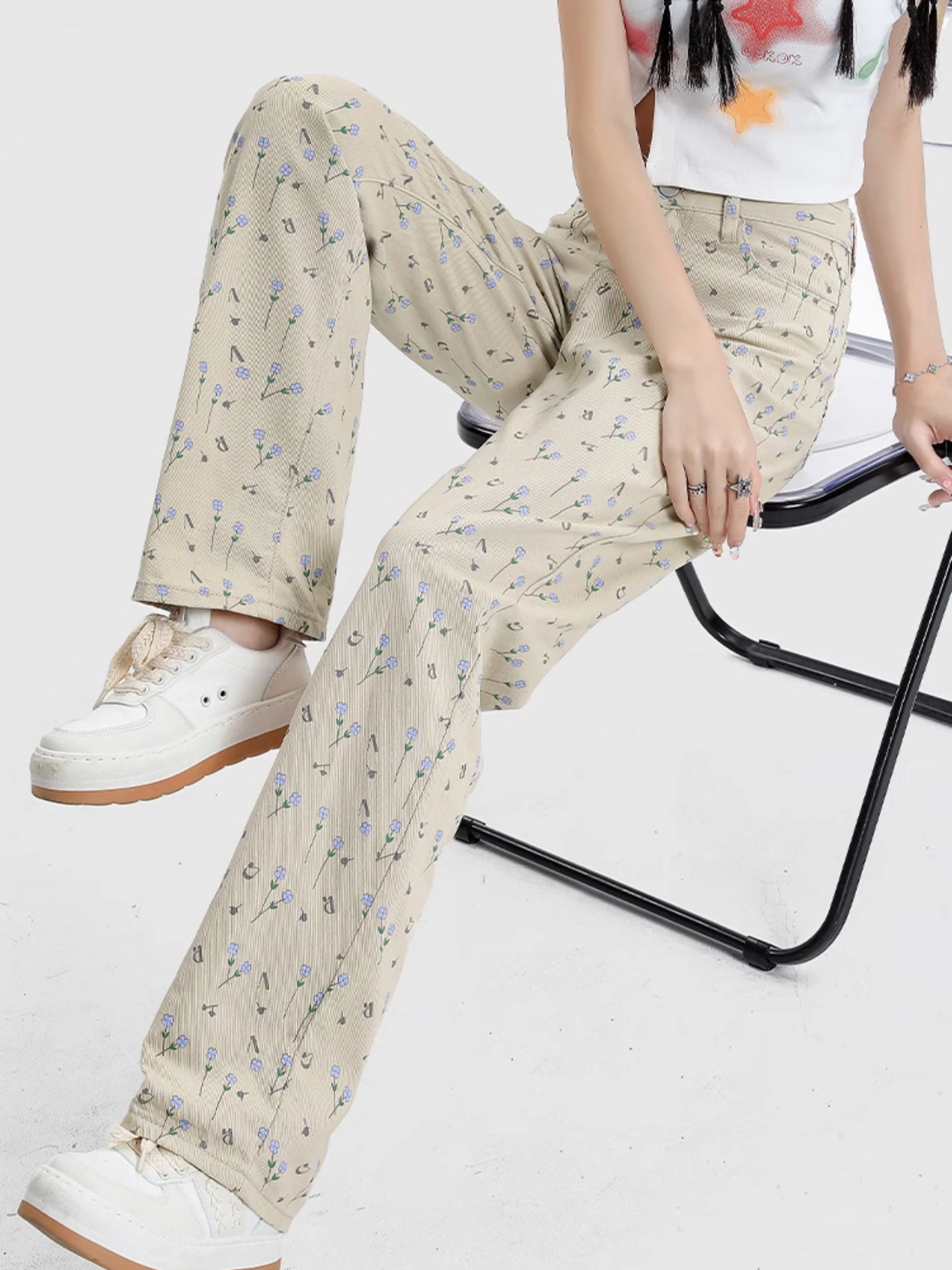 Damen Jeans 2025 - Washed High Waist Floral Printing Straight Preppy Style Sweet